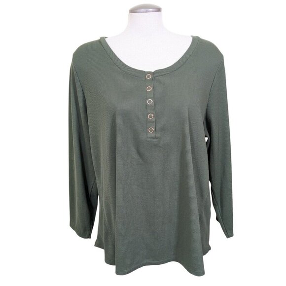 In Every Story Womens 2X Waffle Knit Henley T-Shirt Top Olive Green Long Sleeve - Picture 1 of 6